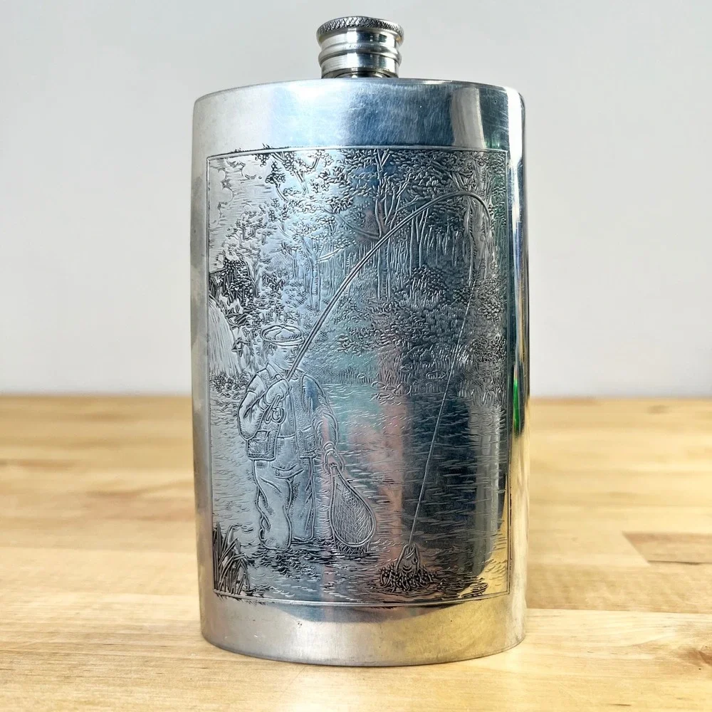 Orvis Hip Flask Fly Fishing Scene 8oz Silver Tone Sheffield England Vintage